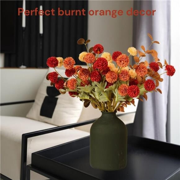 Fall Flowers, Burnt Orange Faux Kiku Flowers Artificial 10 Stems + Eucalyptus - Picture 4 of 7